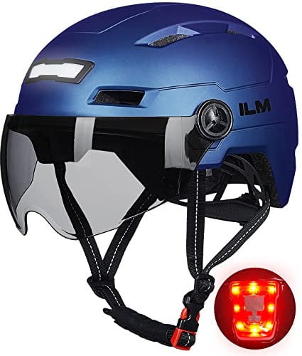 ILM Casque Velo VTT Homme Femme-Casque de Velo Adulte Visiere avec Lumière LED Avant et Arrière Rechargeables par USB,Bleu Violet,L/XL