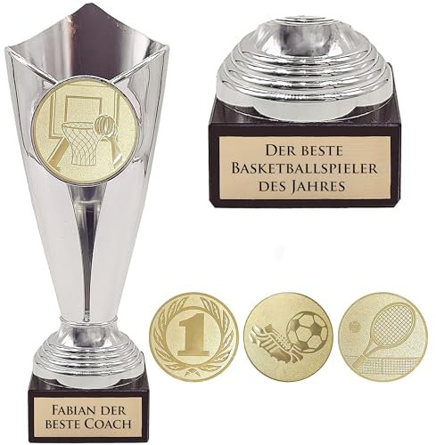 KDO MAGIC – Personalisierbarer Pokal – Individuell gestaltbarer Becher mit Gravur – zu Weihnachten, zum Ruhestand oder für sportliche Veranstaltungen – Gold/Bronze/Silber (Silber, Basketball)