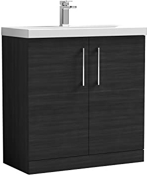 nuie ARN605A Arno Modern Bathroom Floor Standing 2 Door Vanity Unit with Mid-Edge Ceramic Basin, Woodgrain Charcoal Black