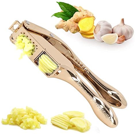 Gold Garlic Press 3 in 1 Heavy Duty Garlic Mincer Easy Squeeze Aluminium Alloy Multipurpose Garlic Crusher for Kitchen
