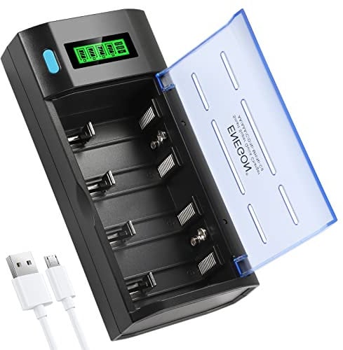 ENEGON Batterie Ladegerät–Universal Akku Ladegerät & Battery Charger für AA/AAA/C/D/9V NiMH/NiCD wiederaufladbare Batterien –mit LCD Display, Schnellladefunktion, Entladefunktion und 4 Ladeschächten