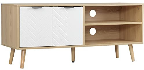 HOMCOM Mueble para TV Moderno Mesa para TV de Salón con 2 Puertas y 2 Estantes de Almacenaje para Televisores de hasta 46 para Dormitorio 110x39x48,8 cm Natural y Blanco