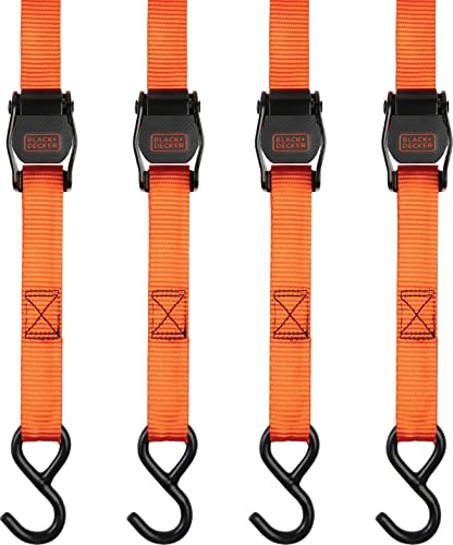 Black+Decker BDX1004 Black/Orange 1 x 10' Cam-Buckle Tie Down Straps - 300 lb Safe Working Load / 900 lb Break Strength, 4 Pack