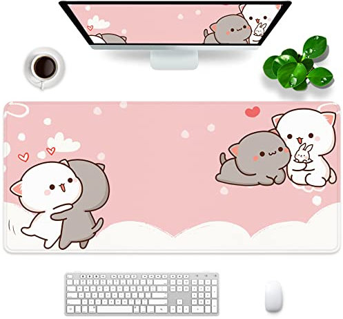 Pinkes Gaming-Mauspad - Geschenk für Frauen, Niedliches Großes Mauspad 88,9 x 39,9 x 0,3 cm, Extra Großes Gummi-Pad Mit Katzenmotiv, Rosa und Weiß (Pink-3)