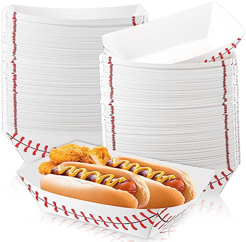 Roshtia 100 Pack 2lb Baseball Party Supplies Paper Food Trays Disposable Serving Tray Nacho Trays Food Boats for Baseball Birthday Decorations, Concession Food, Condiment, Carnivals (White)