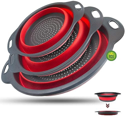 Walfos Escurridor Plegable Silicona, Coladores Cocina, Cocina Plegable escurridor pasta de Silicona, Para usar en la cocina para lavar frutas y verduras, colar pasta, 3 Tamaños, 25-29-34 cm