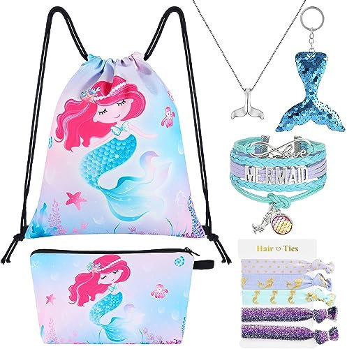 WAWSAM 10 PCS Meerjungfrau Drawstring Rucksack Set - Kleine Meerjungfrau Geschenke für Mädchen Drawstring Tasche Kosmetiktasche Schlüsselanhänger Armband Halskette Haarbänder Mädchen Turnbeutel