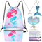 WAWSAM 10 PCS Meerjungfrau Drawstring Rucksack Set - Kleine Meerjungfrau Geschenke für Mädchen Drawstring Tasche Kosmetiktasche Schlüsselanhänger Armband Halskette Haarbänder Mädchen Turnbeutel