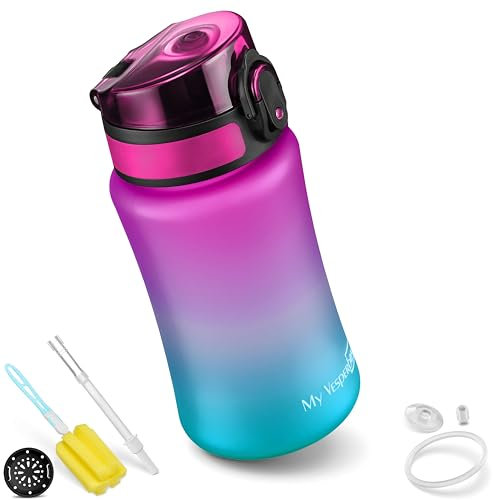 My Vesperbox Minny Botella infantil a prueba de fugas de 350, 500 o 750 ml, con pajita o colador. Botella de agua ligera de Tritan, sin bisfenol A, para guardería, escuela (350 ml, lila-azul)
