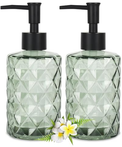 YTDTKJ 330ml/11 Oz Glass Soap Dispenser 2 Pack, Bathroom Hand Soap Dispenser, Multi-Function Lotion Bottles for Shampoo & Conditioner, Shower, Dish Soap, Kitchen Countertop (Green)