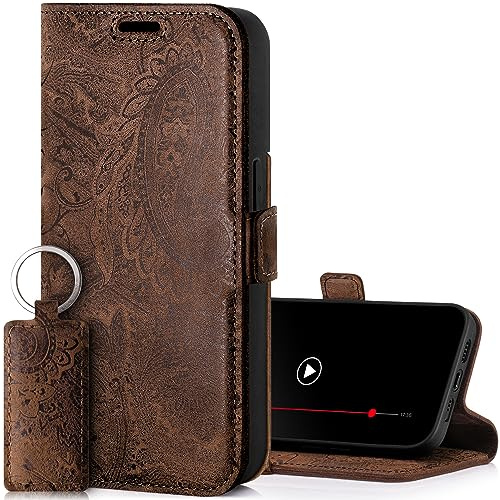 SURAZO Slim Magnet Handyhülle für Apple iPhone 15 Pro Hülle Leder – Klappbar Echtleder Schutzhülle [Kartenfach, RFID Schutz, Blumenmuster] Klapphülle Wallet Case Cover Lederhülle (Braun)
