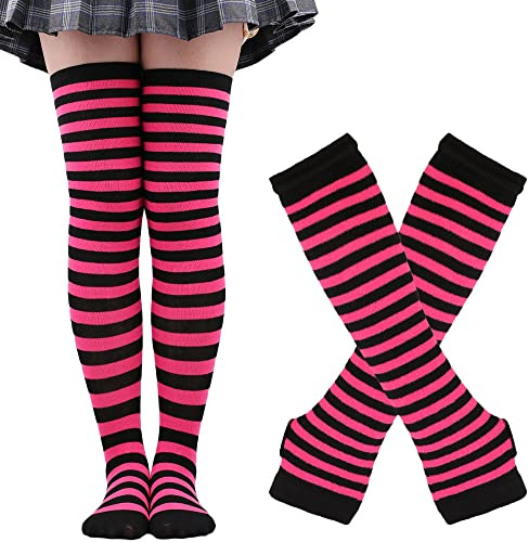 DRESHOW Womens Socks Striped Knee High Socks Arm Warmer Fingerless Gloves Set