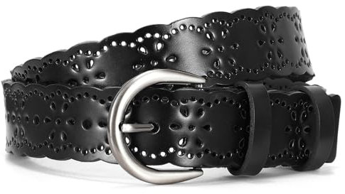 JasGood Damen Ledergürtel Hohle Blume Design Damen Gürtel mit Dornschließe für Jeans Hosen Kleider,Schwarz,110cm