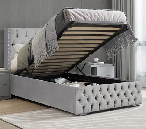 Upholstered Ottoman Bed Single Bed Frame UKFR Velvet Grey Ottoman Storage Bed with Gas Lift End Opening Wooden Slats with Storage Bed (3ft Single 90 x 190, No Mattress)
