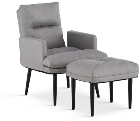 TUKAILAI Relaxsessel mit liegefunktion,Fernsehsessel mit Hocker,Ohrensessel mit Metallbeinen Fußhocker,Liegesessel mit schlaffunktion,Polstersessel,Sessel Wohnzimmer,tv Sessel, Leinen Hellgrau