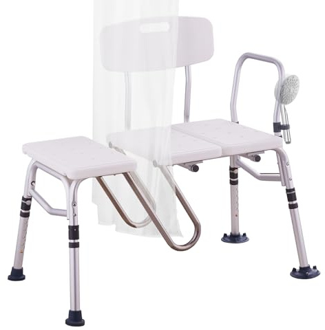 VEVOR Banc de Transfert Baignoire Capacité 180 kg, Sièges de Douche avec Protection de Rideau en Forme de U et Dossier Réversible, Banc d’Accès au Bain Antidérapant, pour Personnes Âgées Handicapées