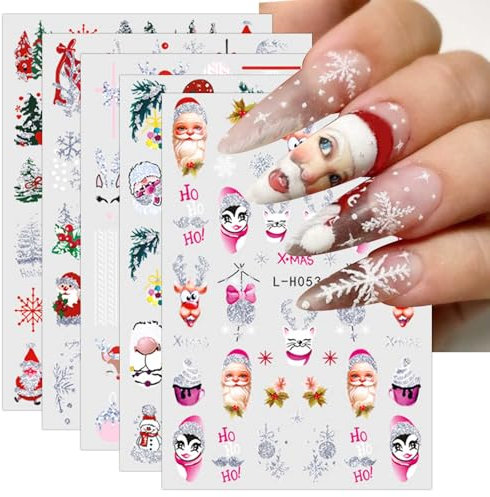 JMEOWIO 9 Sheets Christmas Glitter Nail Art Stickers Decals Self-Adhesive Winter Cute Snowflake Holiday Nail Supplies Nail Art Design Decoration Accessories