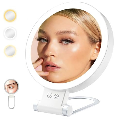 Cuteefun Miroir Grossissant X20, Miroir Maquillage Lumineux des Deux Côtés, Luminosité Réglable, Miroir de Table LED Rechargeable et Pliable pour Chambre à Coucher, Table de Toilette, Les Voyages