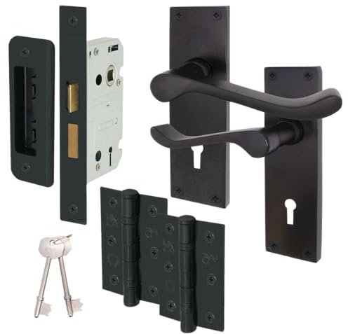 EAI Black Victorian Scroll Door Handle Set | Matt Black Internal Lever Lock Handles (76mm), Sash Lock (80mm) & Keys