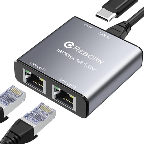 Reborn Divisor Ethernet de 1 a 2 de alta velocidad de 1000 Mbps, RJ45 Gigabit Ethernet divisor de cable 1 a 2, divisor LAN con cable de alimentación USB para cable Cat 5/6/7/8 [2 dispositivos de red