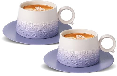 ZENS Cappuccino Tassen mit Unterteller 2er-Set, 220 ml Geprägtem Cappuccinotassen für Latte Art, Kaffeetassen Espressotassen Steingut, Tee Tasse mit Untertasse Geschenke für Frauen, Lila
