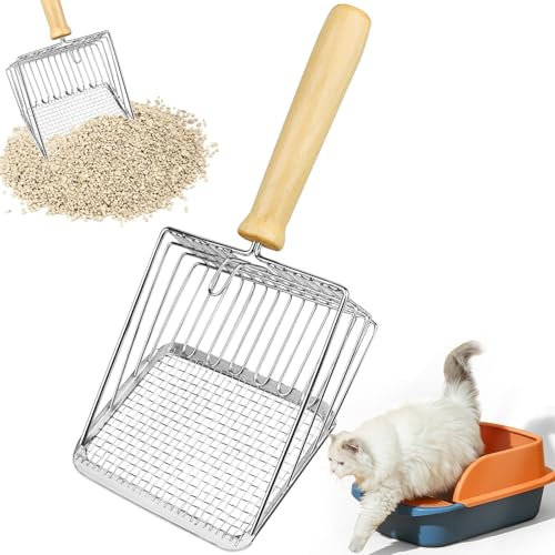 Powmag Katzenklo Schaufel Edelstahl, Katzenstreuschaufel Metall, Katzenschaufel für Katzenklo, Katzenstreu Schaufel Doppelzone, Streuschaufel Große mit Holzgriff, Cat Litter Scoop