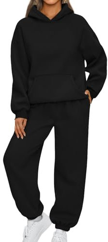 Hoodie Damen Oversize,Damen Jogginganzug,Jogginganzug Damen Trainingsanzug Damen Pullover Sweatshirt und Jogginghose Warm Vlies Kleidungsset mit Taschen,Schwarz,3XL