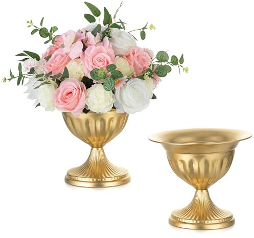 Sziqiqi Gold Metal Urn Vase: 22 cm Flower Vase Pot for Wedding Table Centrepieces Set of 2 Vintage Vase for Floral Arrangement Unique Urn Planter for Party Reception Dinner Table