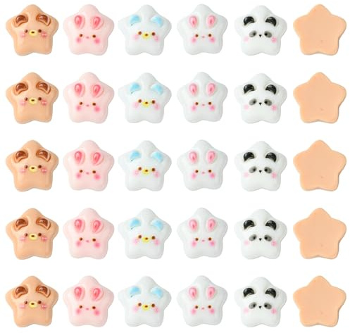 Stiesy 50 Stück 5 Farben Sterne Form mit niedlichen Tier-Schleim-Perlen aus Kunstharz, Cartoon-Schwein, Panda, Kaninchen, Bär, flache Rückseite, Cabochons, Verzierung für Bastelarbeiten, Scrapbooking,