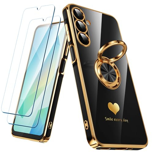 Nonional for Samsung Galaxy A16 5G/4G Case with 2 Pack Screen Protector, 360° Rotatable Ring Holder [Luxury Hearts Pattern] Plating Gold Edge Slim Soft Phone Cover Case for Galaxy A16 - Black