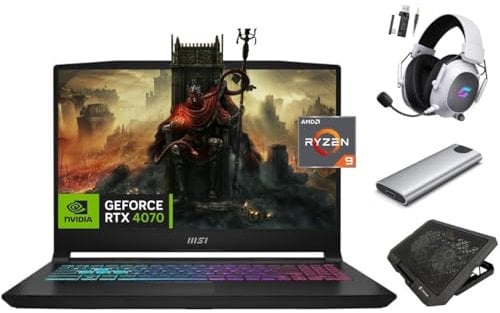 MSI Katana 15 4070 Gaming Laptop, 15.6 144Hz FHD Display, AMD Ryzen 9-8945HS AI CPU, NVIDIA RTX 4070, 16GB RAM, 1TB SSD + 256GB Portable SSD Hub, RGB KB, Ethernet, KeyPad, WiFi 6E, USB-C, Win 11