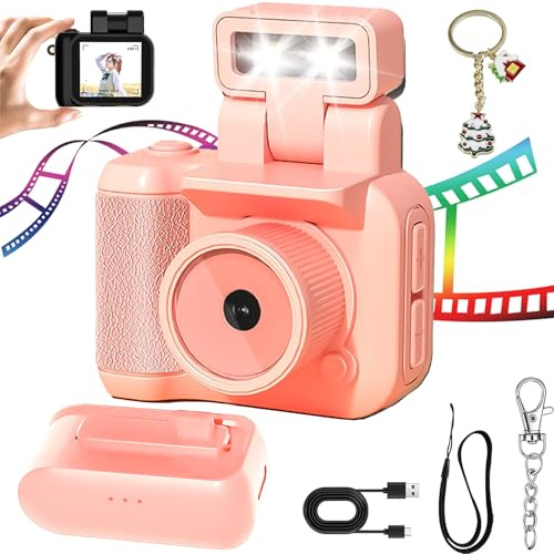 Retro Scope Camera, Mini Vintage Camera with 1.44-Inch HD 1080p Screen, 90° Flip Flash Retro Snap Camera with 6 Filters, Mini Retro Camera, Keychain Camera, for Travel Life Video Recording (Pink)