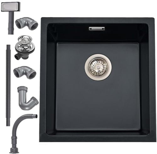 Küchenspüle Schwarz Granit 40x45cm, Spülbecken küche, Spüle Schwarz, Waschbecken Küche Eckig, Granitspüle, Moderne Einbauspüle Set für 45 cm, Spüle Küch mit Siphon, 1 Becken
