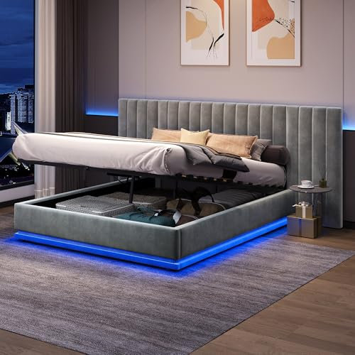 Upholstered Ottoman Bed, Hydraulic Storage Bed with LED Lighting, 4ft6 Double Bed Frame with Channel Tufted Wide Headboard, Velvet Gas Lift Ottoman Bed With Storage & Wooden Slats, Grey, No Mattress