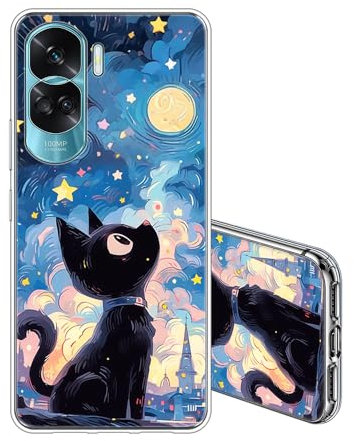 JEZSTHAI Compatibile con HONOR 90 Lite 5G Cover Trasparente in Silicone Sottile Custodia Antiurto Antigraffio Morbida TPU Bumper Protettiva Case,Gatto Carino Motivo