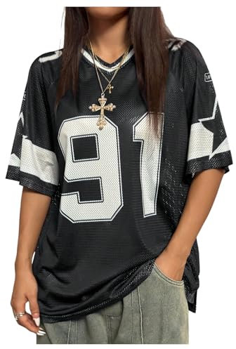 GORGLITTER Women's Star Number Graphic Jersey T Shirts V Neck Half Sleeve Loose Streetwear Tops Black Small