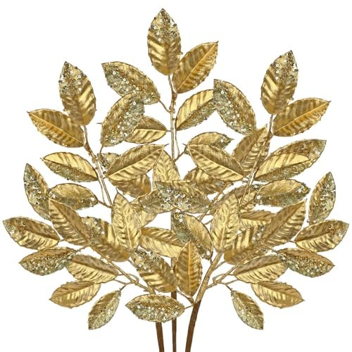 Arborus 3 rami artificiali natalizi, 51 cm, foglie di magnolia artificiali, rami dorati, decorazione per albero di Natale, vasi, decorazione da tavolo, corona dell'Avvento, decorazione per la casa