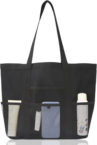 Bolsa de playa de malla, bolsa de playa personalizada 2025, perfecta para el día de la piscina/gimnasio, portátil, plegable, de alta capacidad, para mujer, Negro -, Ocio