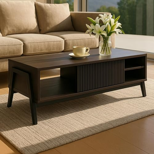 Mendler Couchtisch HWC-O40 42x120x60cm MDF - Walnuss-Optik | Wohnzimmertisch, Sofatisch, Staufächer, Schiebetür, Metall, Melamin