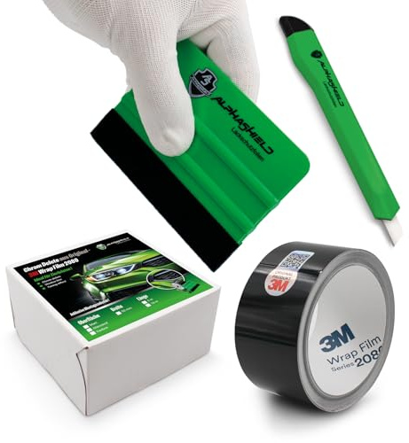 AlphaShield 3M 2080 Zierstreifen 50mm Breite 10m Länge Schwarz Glanz | Selbstklebende Autofolie mit Rakel & Messer Dekorstreifen wetterfest für Auto, Zierleisten, Motorrad, Wohnmobil
