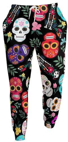Generisch Herren Jogginghose mit bunten Sugar Skull Motiven - Freizeithose mit Calavera-Print für den Tag der Toten | Lässige Hose mit Kordelzug