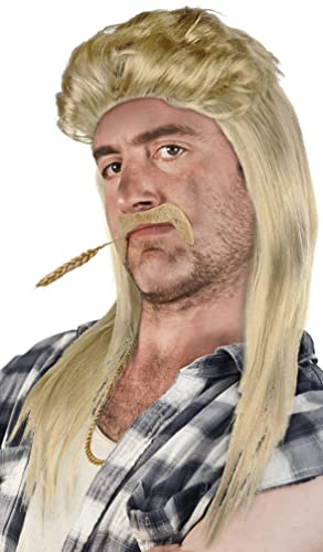 SET aus: Vokuhila Perücke + Bart + Goldkette - Rocker Prollperücke Vokuhilaperücke Proll Pimp Blond Brünette Grau Schwarz 80er 90er Jahre (Hellblond + Bart + Goldkette)