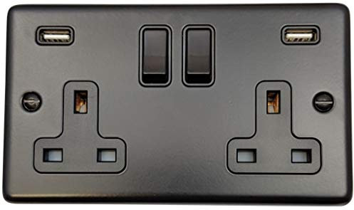 G&H CFB910B Standard Plate Matt Black 2 Gang Double 13A Switched Plug Socket 2.1A USB