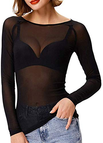 Lazzboy Tops Solide Durchsichtige Damen Langarm Nahtlose Armformer Top Mesh Shirt Bluse Leichtes Transparent Tüll Body T-Shirt Tunika Multicolor