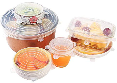 Xiang RU 6pcs Stretchy Food Lids, Reusable Silicone Stretch Lids for Food/Bowls/Containers/Jars, Alternative to Cling Film, Non-Toxic, Microwave & Dishwasher Safe Transparent