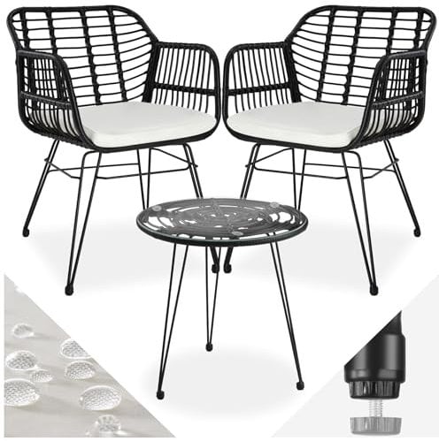 tectake® Outdoor Rattan Sitzgruppe, Möbel für 2 Personen, 3-TLG. Bistroset, Balkonmöbel, Gartenmöbel Set mit 2X Stühle + Tisch, kleine Lounge wetterfest für Garten Balkon Terrasse - Schwarz