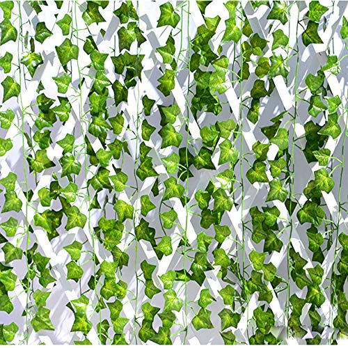 Lot de 12 mèches de feuilles de lierre artificielles de 2,1 m - Pour décoration murale - Vert - Pour fête de mariage, jardin, jardin - Décoration murale (12, vert)