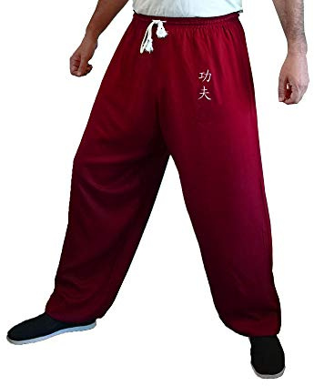 Kung Fu Pants Tai Chi and Wing Chun Bottoms Style for Women and Men Sport Trousers Light and Smooth (Burgundy KF, Size L)