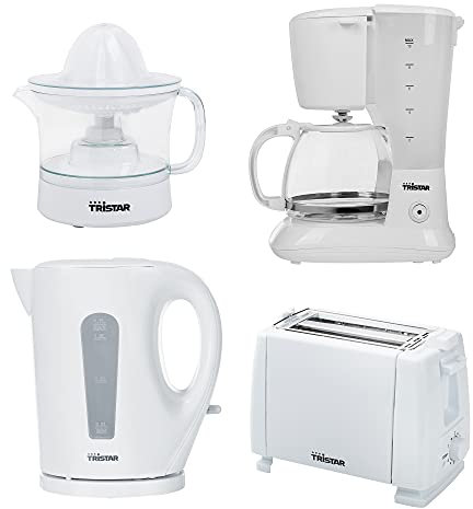 Set Petit-déjeuner Tristar Blanc (Cafetiere 10 tasses, Grille-pain, Bouilloire 1,7L, Presse-agrumes)