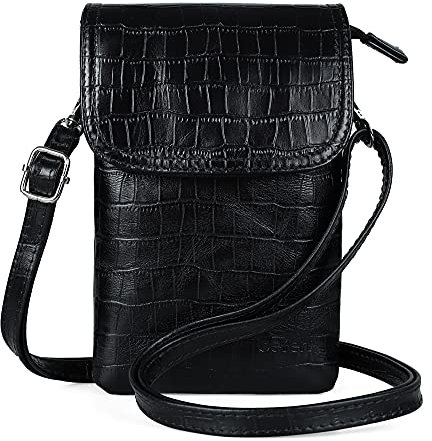 befen Handytasche zum Unhängen Damen, Echtleder Handytasche mit Geldbörse zum Umhängen Kleine Umhängetasche Damen mit Langem Riemen und Schlüsselring für Phone unter 6,7 Zoll, Krokodilschwarzes Muster